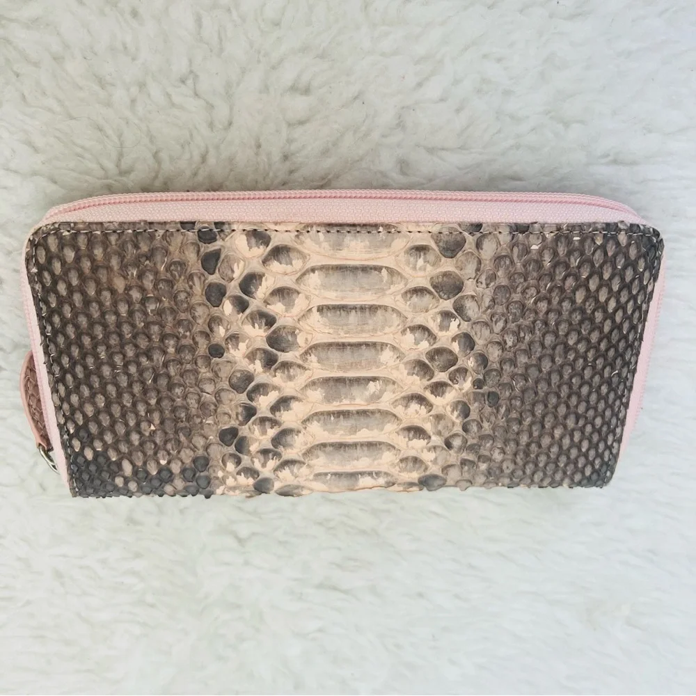Genuine Python Snake Skin Leather Pink/ Black/Gray Zip Around Long Wallet